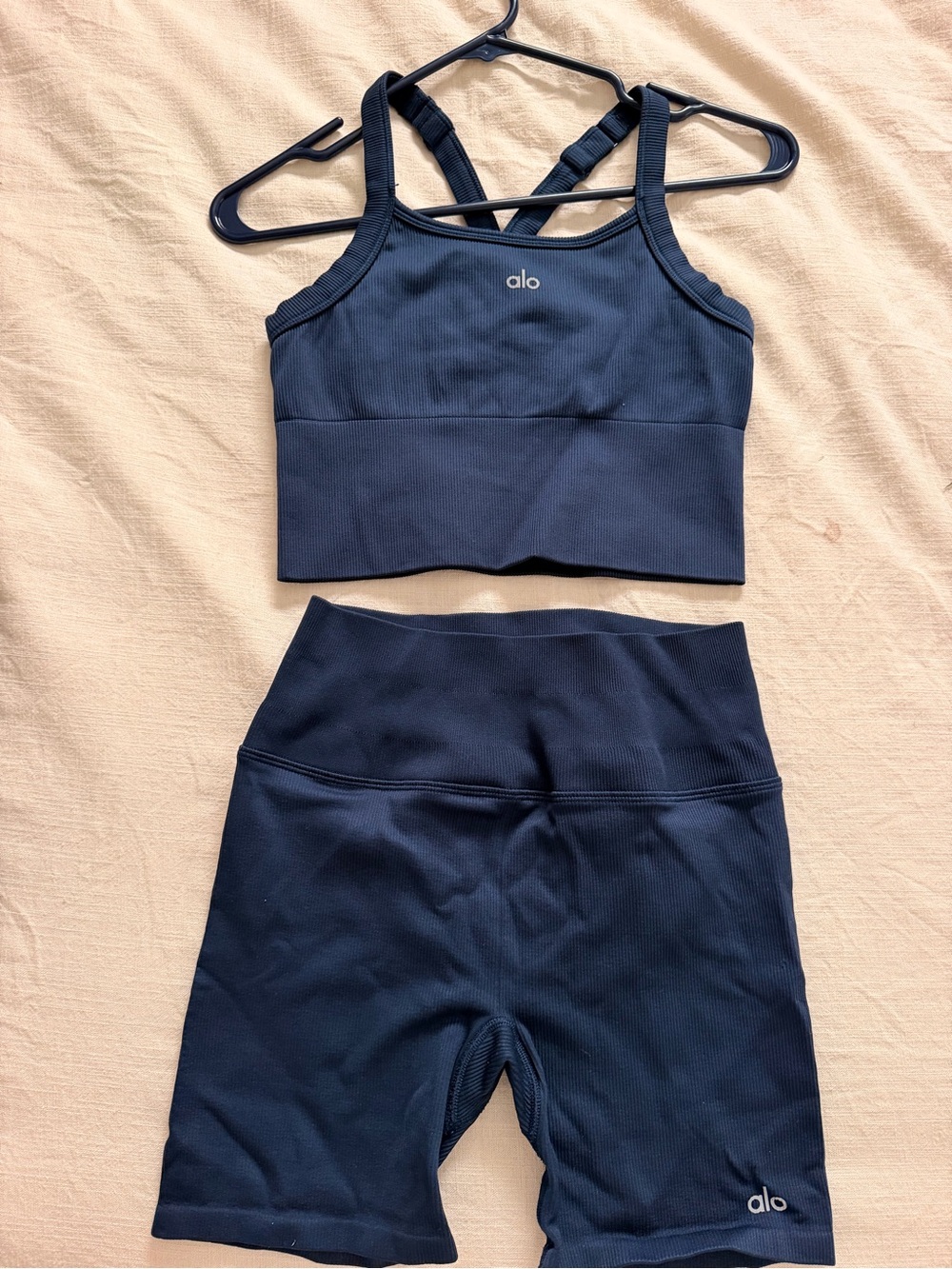 ALO Yoga Kids Navy Ribbed Crop Tank and Bike Shorts Set